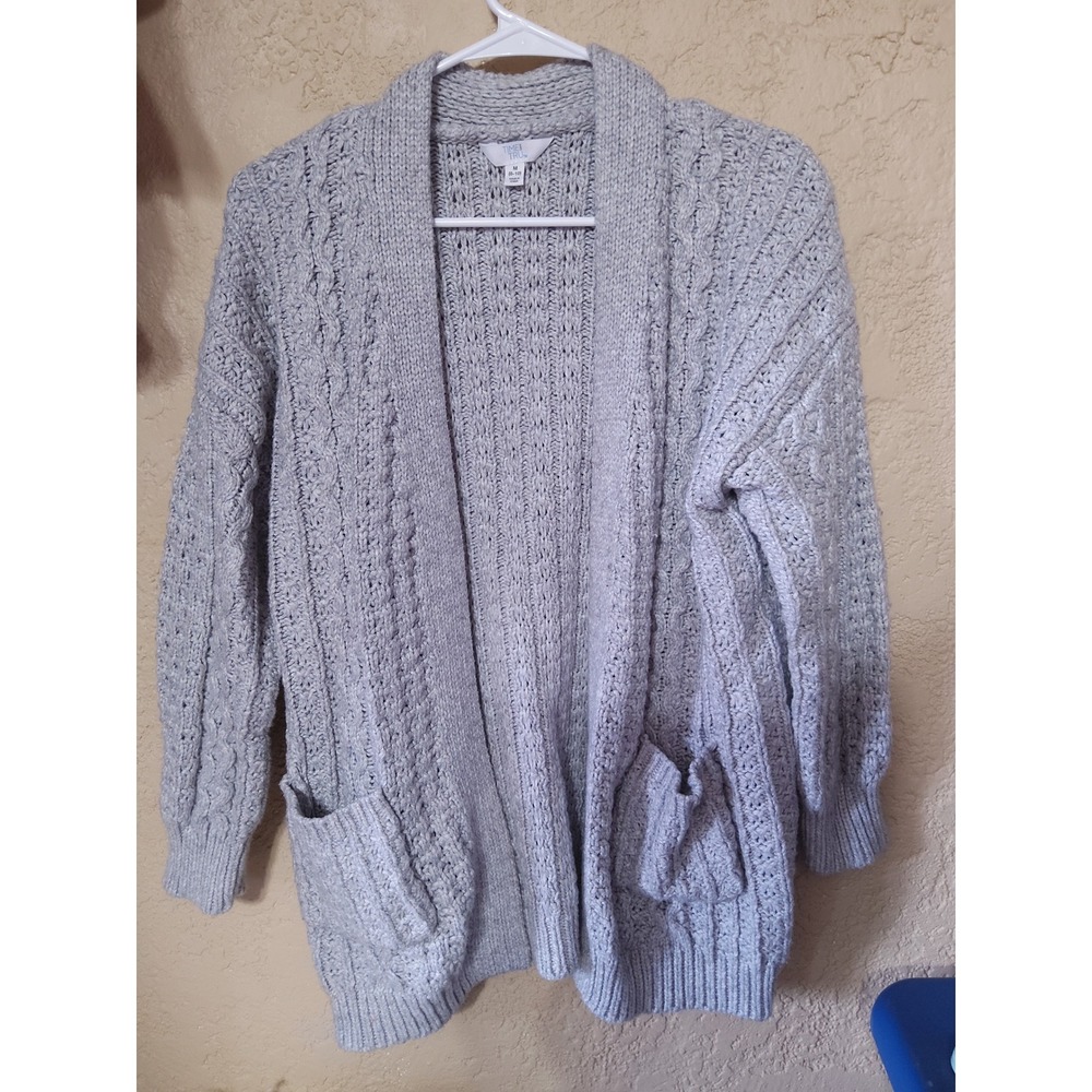 Time and Tru Womens Gray Cable Knit Open Front Cardigan Sweater Size Medium 8-10